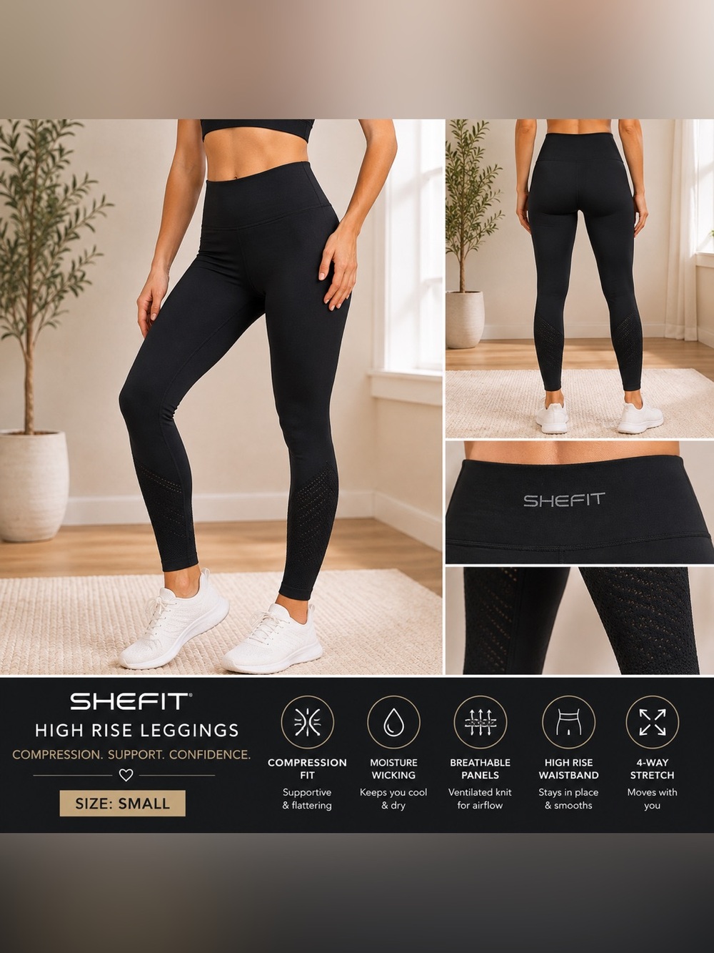 SHEFIT Black High Rise Seamless Compression Leggings Size Small Athletic